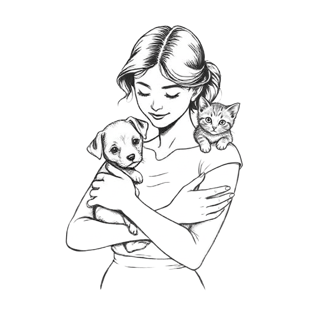 Illustration of a woman holding a puppy with a kitten on her shoulder